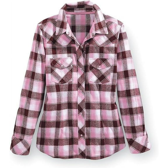 Sagefinds Pink Chocolate Flannel Women Shirt, Western Plaid Top, Snap Buttons, Long Sleeves - Large