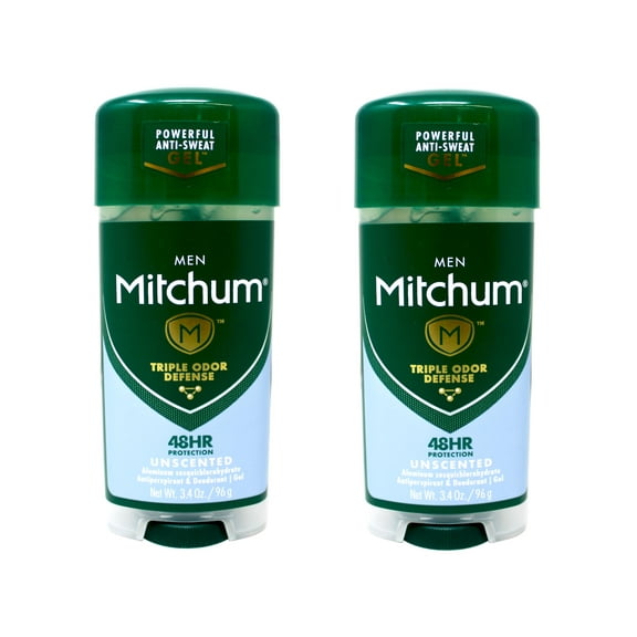Mitchum Men's Deodorant, Antiperspirant, Triple Odor Defense Gel Stick, 48 Hr Protection, Dermatologist Tested, Alcohol Free, Unscented, 3.4 Oz (Pack of 2)