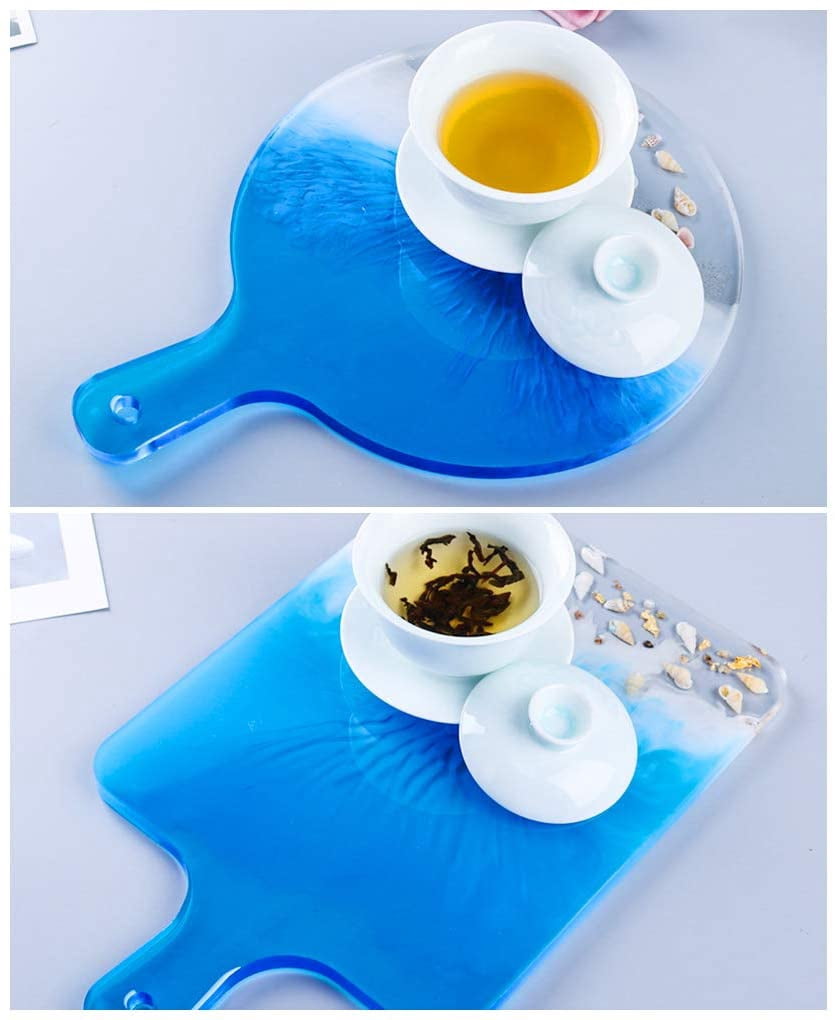 ABCISI 4Pcs Resin Tray Molds, Rectangle Silicone Molds for Cutting Board, Round Epoxy Resin Casting Molds with Handles, DIY Large Serving Tray Mold Set
