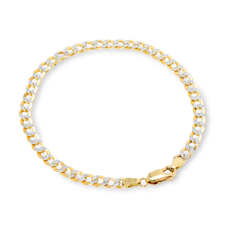 Nuragold 14k Real Yellow Gold Cuban Curb Link 4.5mm Diamond Cut Pave Chain Bracelet (7"-9") Two Tone Italian Jewelry for Men & Women
