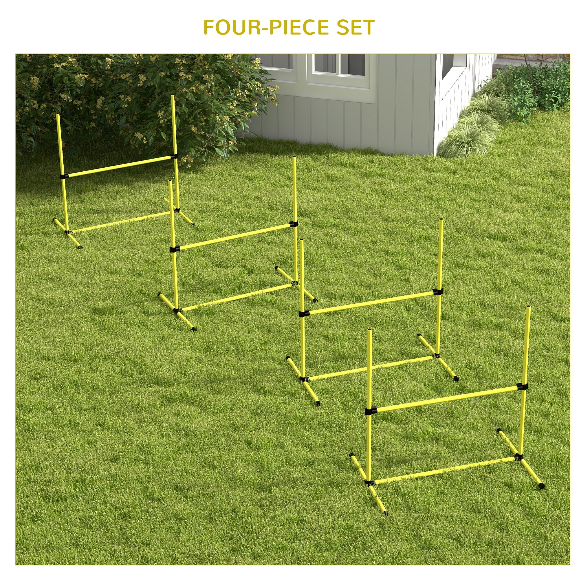 4 Piece Dog Agility Training Equipment for Dog Agility Course with Adjustable Height Jump Bars, Included Carry Bag, & Displacing Top Bar, Yellow