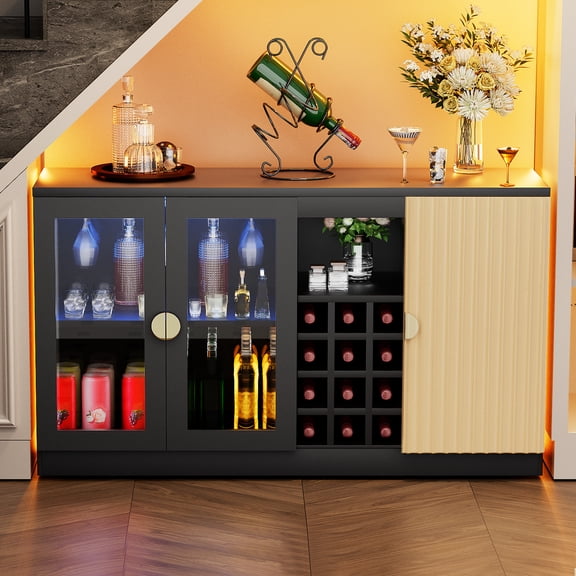 Large Wine Bar Cabinet for Home, Liquor Coffee Bar Cabinet with LED Lights, Sideboard and Buffet Cabinet for Kitchen Dining Room, Black