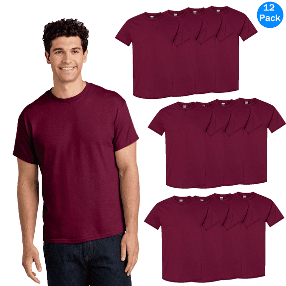 Gildan Short Sleeves T-Shirt for Men, Maroon Pure Heavy Cotton Casual Tee, 12 Pack, S