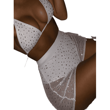 

Frecoccialo 2Pcs Women Beautiful Lingerie Rhinestones Triangle Bra Mesh Short Pants Underwear Set