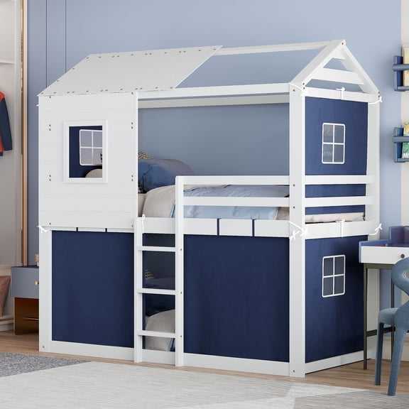 Newest Twin House Bed with Tent, Treehouse Style Solid Wood Frame with Guardrails, Blue