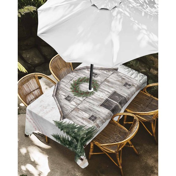 Outdoor Tablecloth with Umbrella Hole, Winter Christmas Wood Barn Wreath Zippered Table Cloth for Rectangle Tables, Pine Trees Sheet Music Washable Waterproof Tablecloths for Picnic Patio Garden