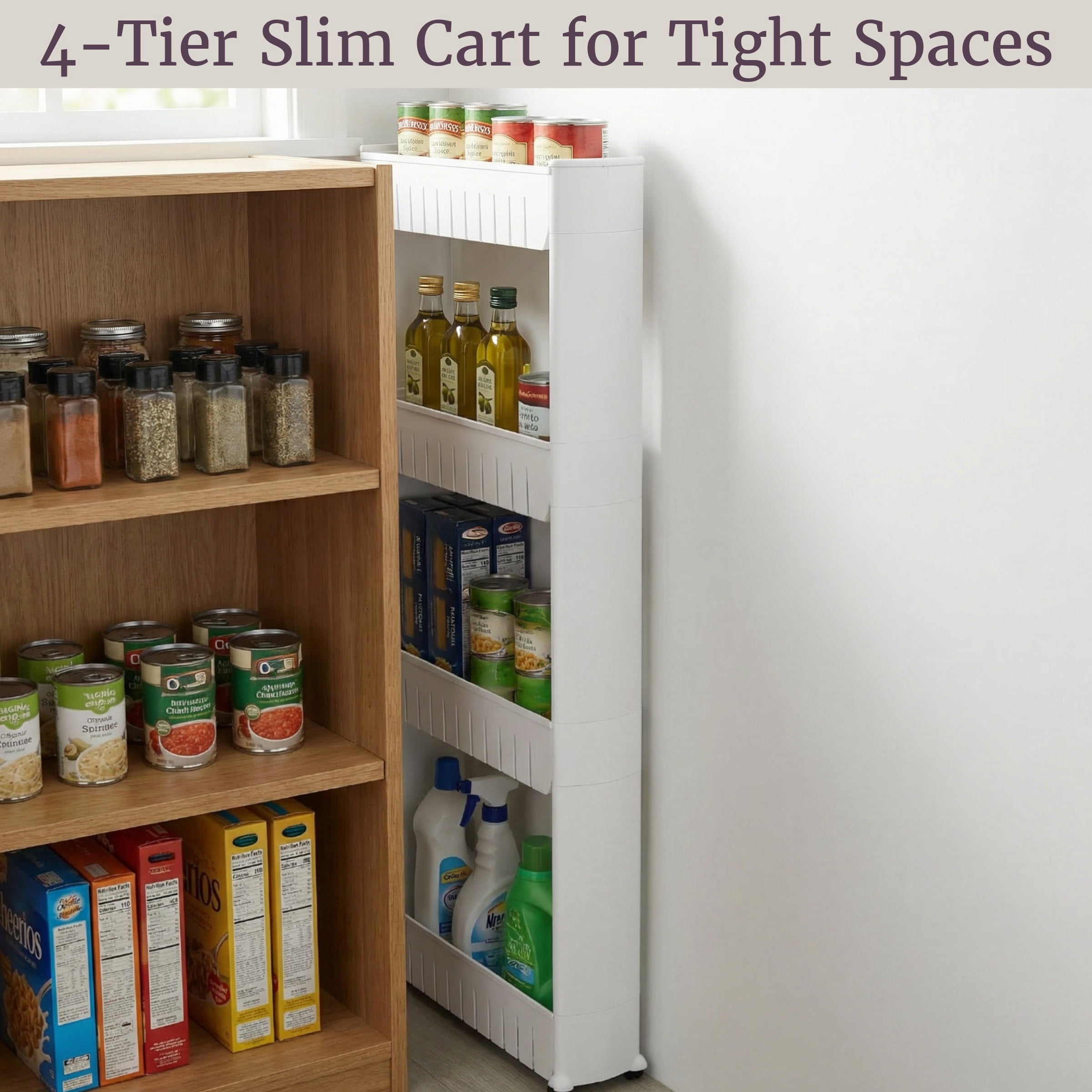 Everyday Home Mobile Plastic Shelving Unit Organizer, 4 Storage Baskets, Slim Slide Out Pantry