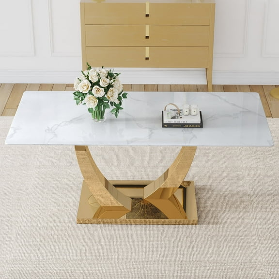 TesNus 71" Rectangular Dining Table, White Faux Marble Glass Top with Gold U Shaped Metal Base for Dining Room