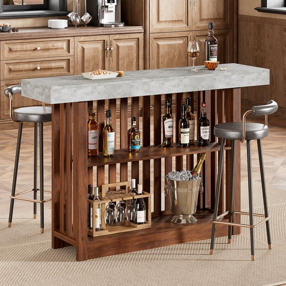 63" Counter Height Bar Table for 4-8 People, Sleek Slatted Bar Table, Modern Industrial Dining Table, with 2-Tier Storage Shelves, for Restaurant, Bistro, or Living Room
