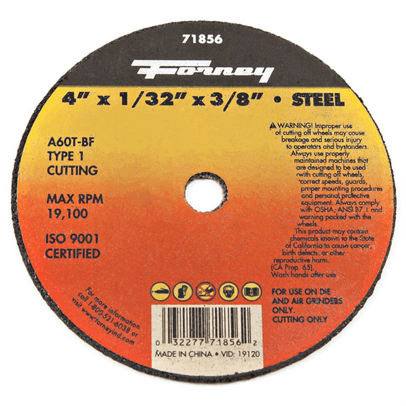Forney Industries CUT-OFF WHEEL, METAL, TYPE 1 (FLAT), 4 IN X 1/32 IN X 3/8 IN