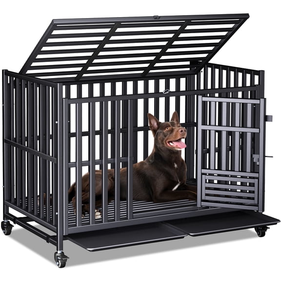 48 inch Heavy Duty Dog Crate, Indestructible Dog Crate for Large & High Anxiety Dogs, Escape Proof, Sturdy Heavy Duty Kennel with 3 Doors, 4 Lockable Wheels, 2 Removable Trays