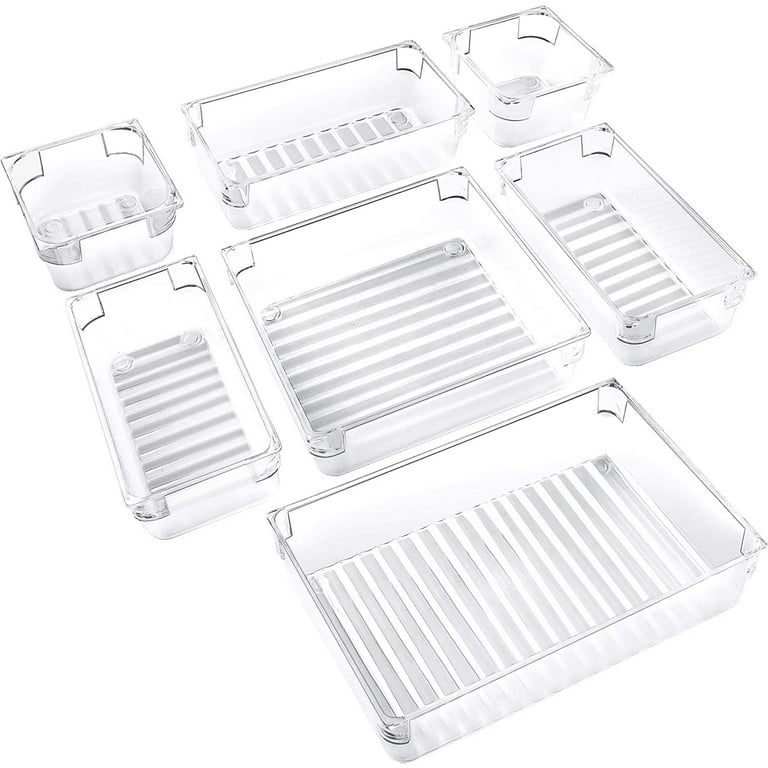 Seenda 7 Pcs Desk Drawer Organizer Trays,4 Different Sizes Large Capacity Plastic Bins Kitchen Drawer Organizers Bathroom Drawer Dividers for Makeup,Kitchen