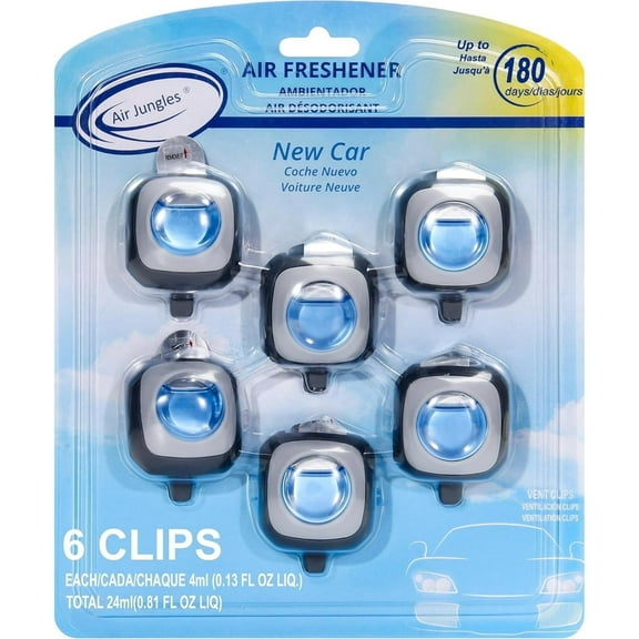 Air Jungles Car Air Freshener Clip, New Car, 6 Pack 4ml Each Vent Clips, Long Lasting Air Freshener, Up to 180 Days Car Refresher Odor Eliminator