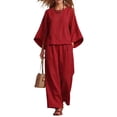 thumbnail image 3 of Women's 2 Piece Summer Outfits Solid Color Oversized 3/4 Sleeve Tops Wide Leg Pants Set, 3 of 5