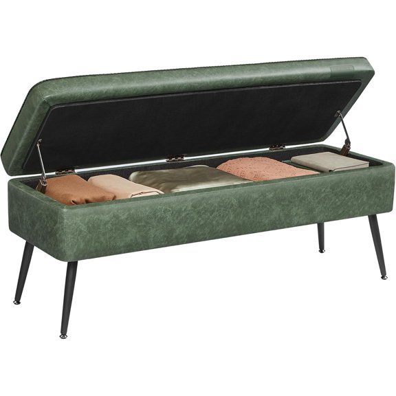 VASAGLE EKHO Collection - Storage Ottoman Bench, Entryway Bedroom Bench, 15 Gallons, Synthetic Leather with Stitching, Mid-Century Modern, Safety Hinges, Loads 660 lb, Forest Green