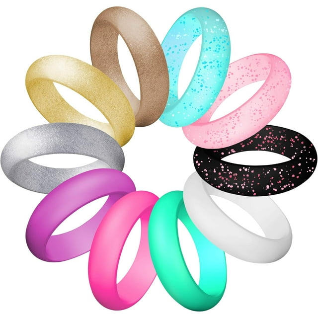 ATJIA 10 Rings Pack Silicone Wedding Ring for Women Men Thin and Stackable Silicone Rubber Glitters Rings for Love Couple