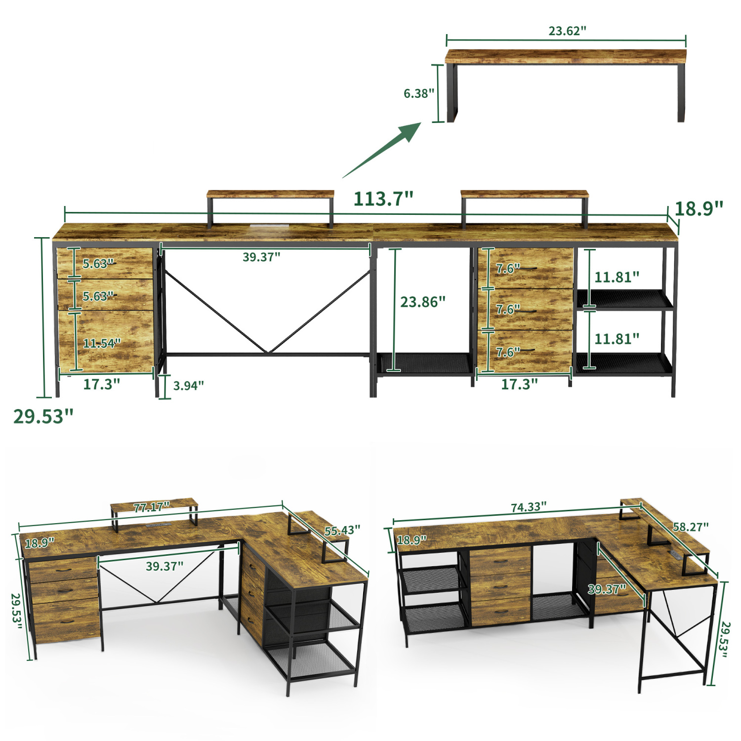 Lisonu 114" L-Shaped Desk with Power Outlets & USB-C, Industrial Corner Computer Desk with 6 Drawers & Movable Monitor Stands, Rustic Brown