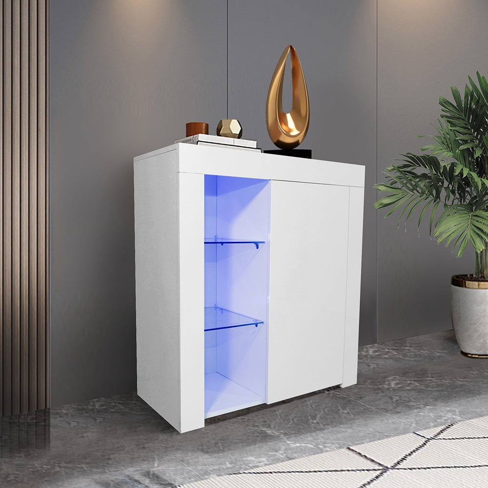 Keooman Modern Sideboard with Blue LED Light, Wooden Kitchen Buffet Bar Storage Cabinet with Shelves & Door for Dining Room Hallway, White
