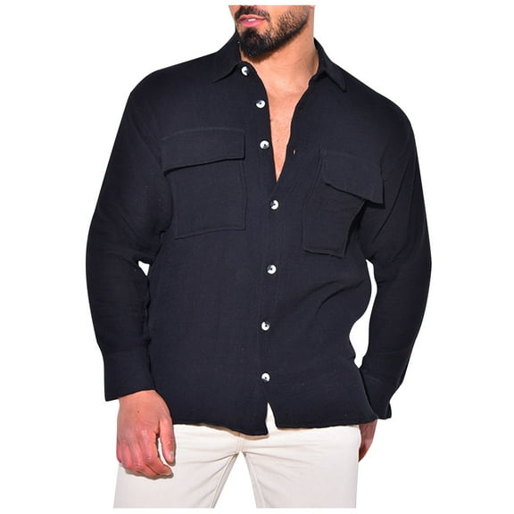 qolati Men's Muscle Fit Linen Shirts Lightweight Solid Long Sleeve Henleys Blouse Casual Button Down Holiday Beach Tops with Pockets