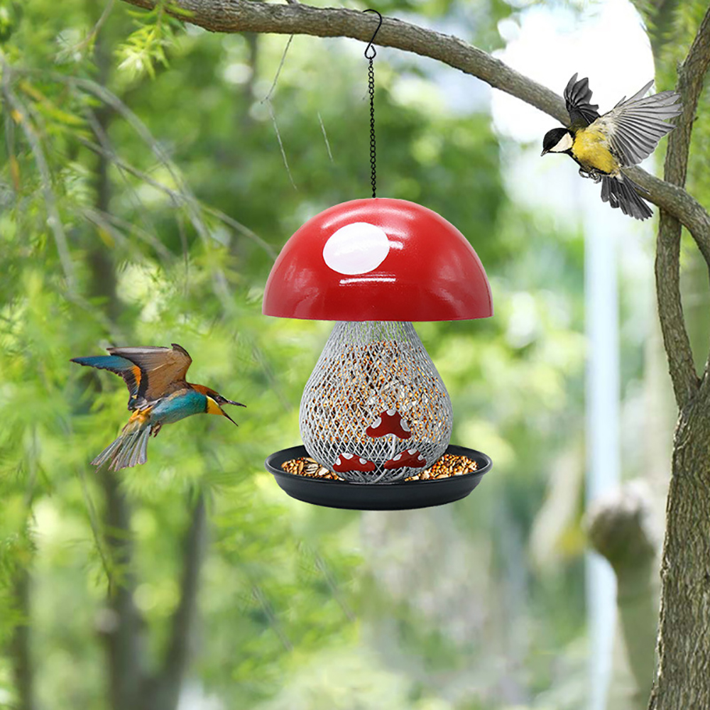 Mushroom Shape Hummingbird Feeder, Red Metal Bird Feeder Outside Hanging Bird Feeder Squirrel Proof Bird Feeder Outdoors and Garden Yard Decoration