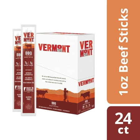 Vermont Smoke & Cure Meat Sticks, Beef, Antibiotic Free, Gluten Free, BBQ, 1oz Stick, 24