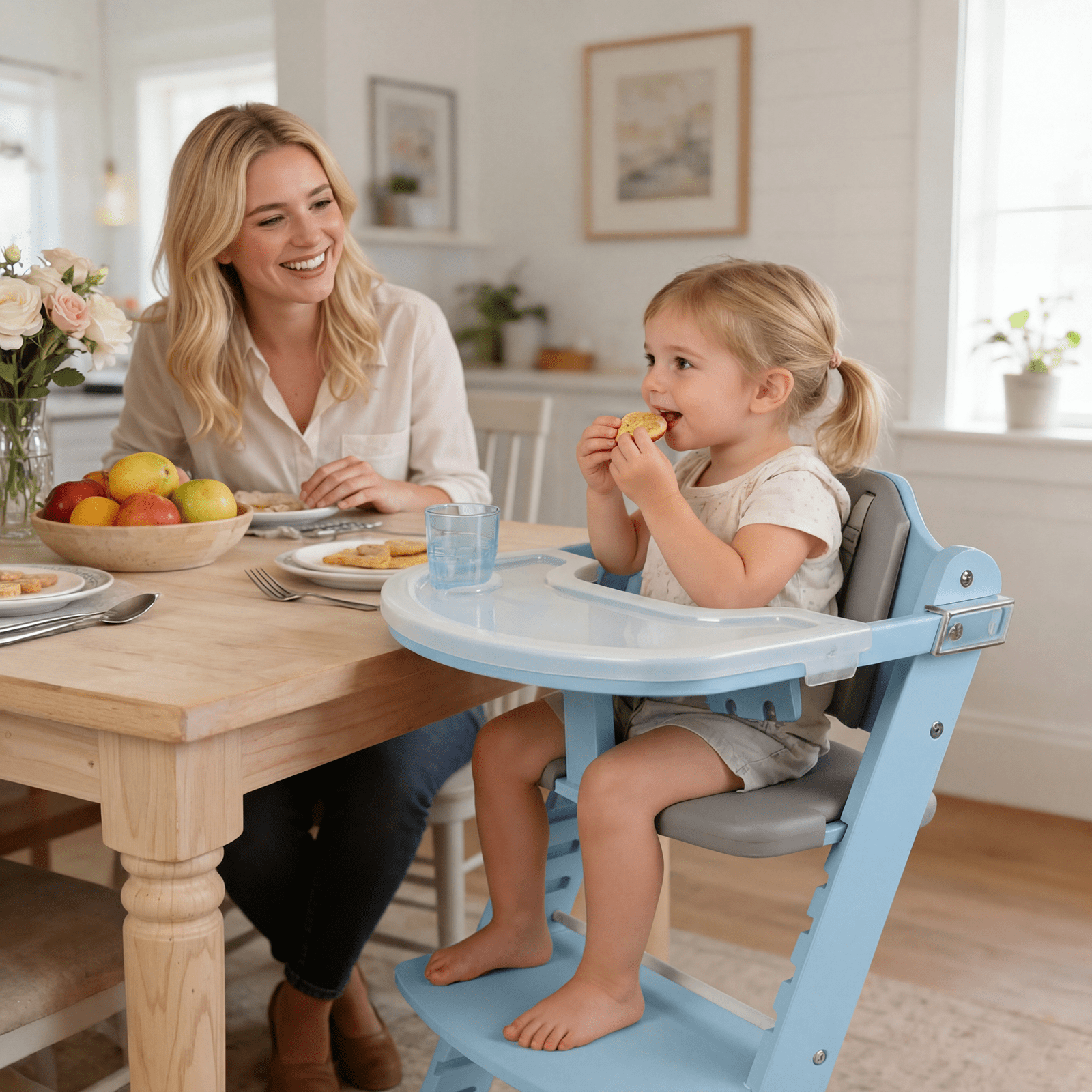 Cowiewie 3-in-1 Convertible Wooden Baby High Chair, 10-Level Height, 2-Tier Removable Tray, 2 Waterproof Cushions for Babies & Toddlers