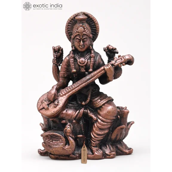 2" Small Chaturbhuj Goddess Saraswati with Sitar | Copper Statue | Made in India