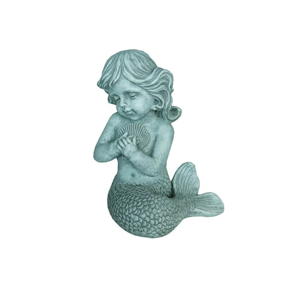 Hi-Line Gifts Kneeling Child Mermaid Holding Shell Outdoor Garden Statue - 12.75" - Gray