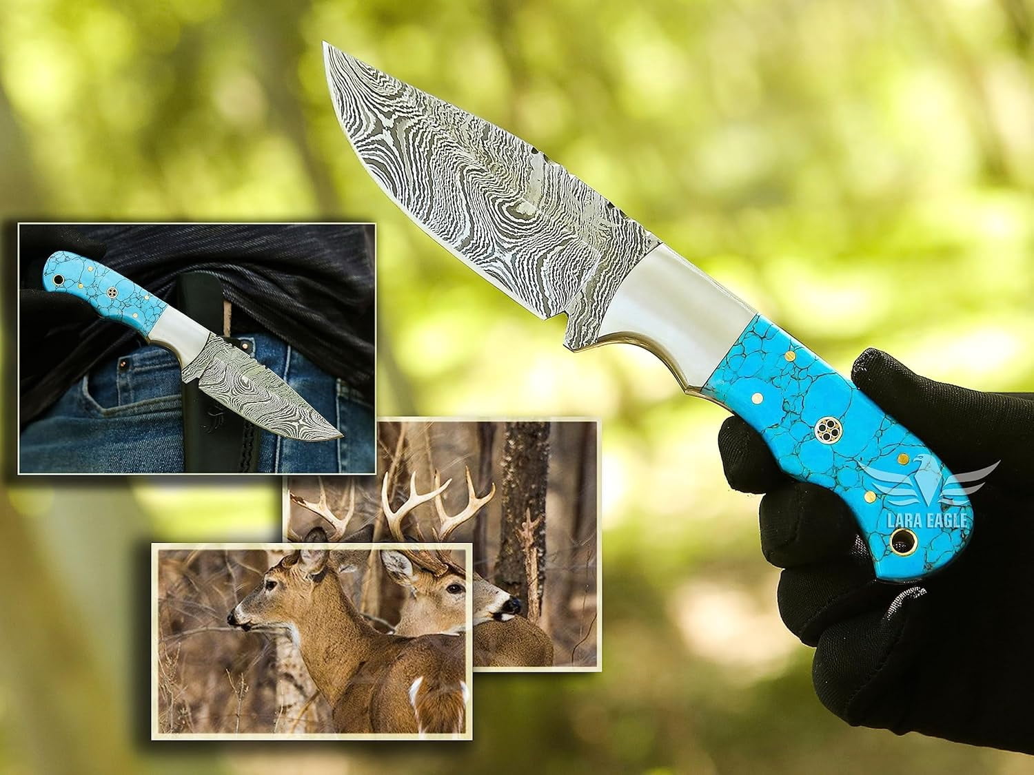 Lara Eagle Damascus Hunting Knife - Fixed Blade Handmade Skinner with Sheath - 7.5 inch Survival Knife Great for Camping - Camel bone Handle with mosaic pin