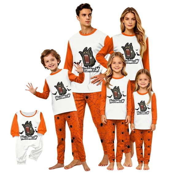HTHLVMD Halloween Pajamas, Family Halloween Pajamas, Halloween Matching Family Pajamas Orange Spider Print Long Sleeve 2 Piece Pj Set Creepy Sleepwear Nightwear Loungewear Spooky Season Photos