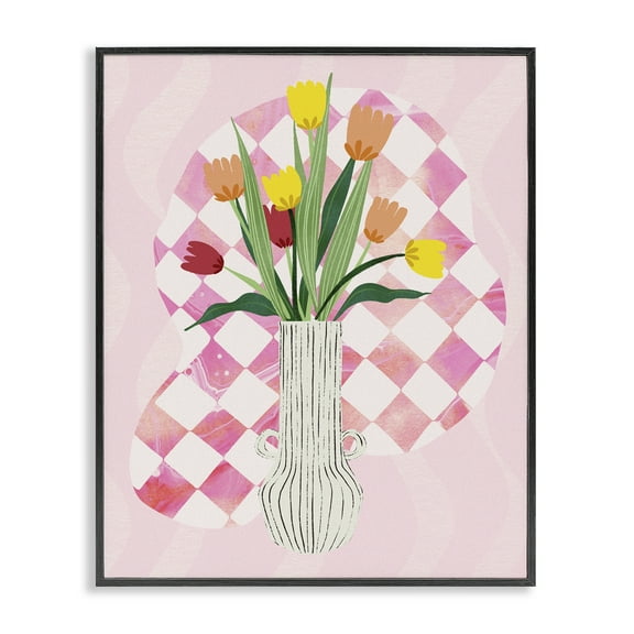 Stupell Industries Yellow Tulip Vase on Checkered Floral Painting Black Framed Art Print Wall Art, 11 x 14