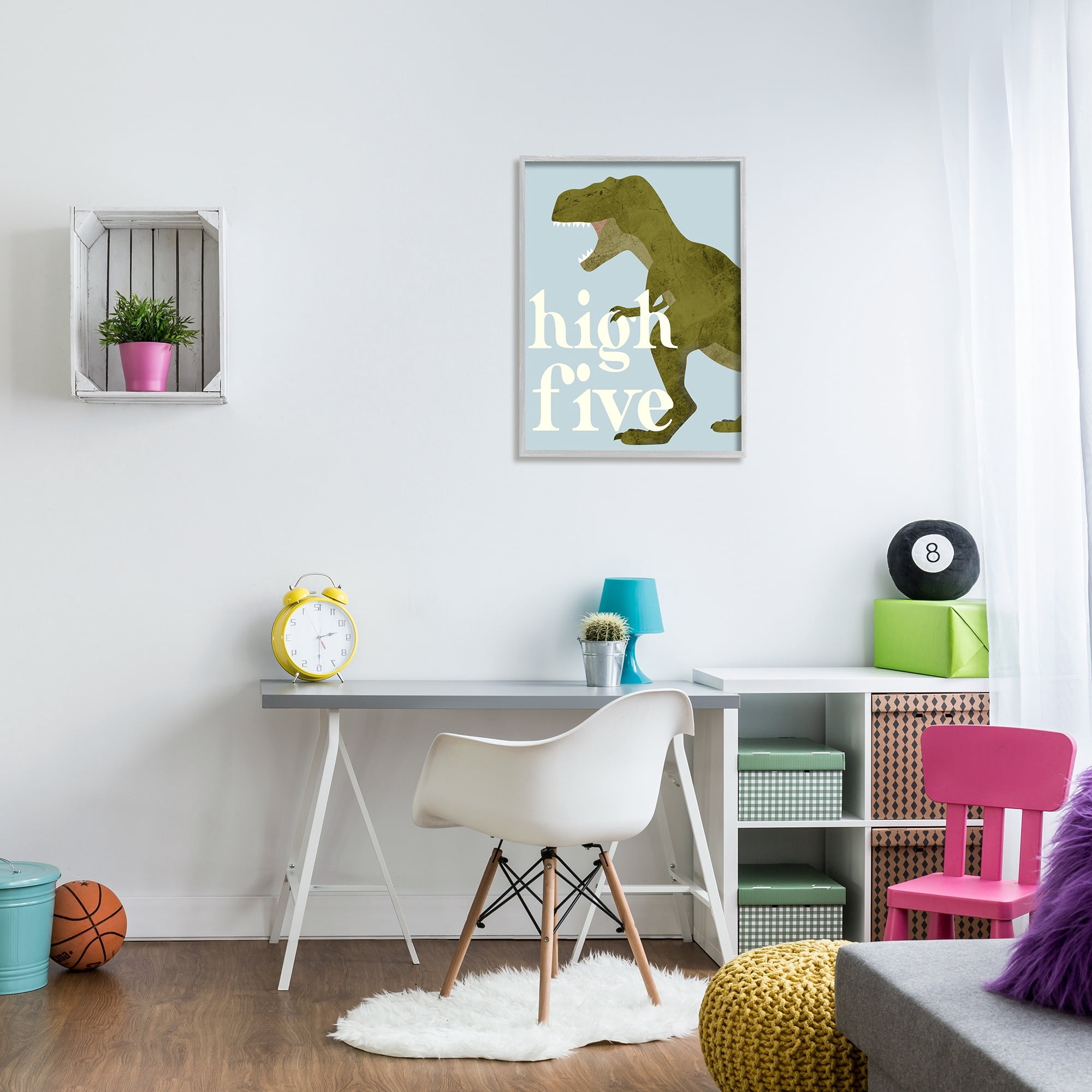 Stupell Industries High Five Roaring Dinosaur T-Rex Kids Typography Graphic Art Gray Framed Art Print Wall Art, Design by Daphne Polselli