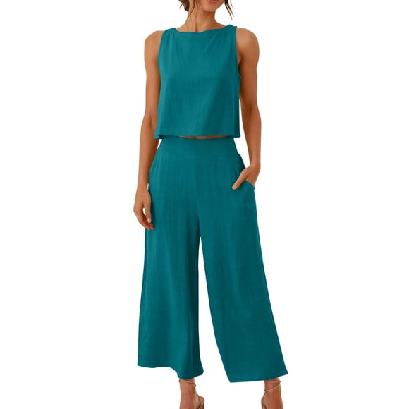 Ersazi Summer Tops for Women 2023 Trendy 2PC Fashion Woman Round Neck Solid Sleeveless Blouse +Loose Pockets Pants Sets Party Tops for Women 3- Blue T-Shirts for Women L