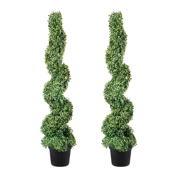 Artificial Boxwood Topiary 2-Pack, 4ft Spiral Plants - Indoor/Outdoor Decorative Greenery