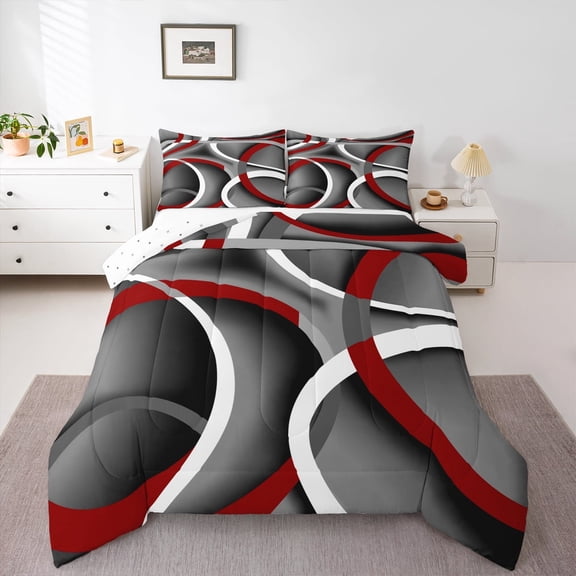 Stripes Comforter Set Toddler Kids Teens Gray Black Red Swirls Room Decor Abstract Stripes Circle Bedding Set