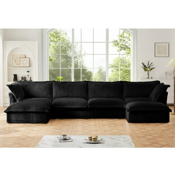 Cloud Couch Sectional U-Shape 4 Seater Sofa, Corduroy Living Room Couch with Wide Deep Seats & French Edges, Modular Sofa with Big Pillows, Slipcovered Black