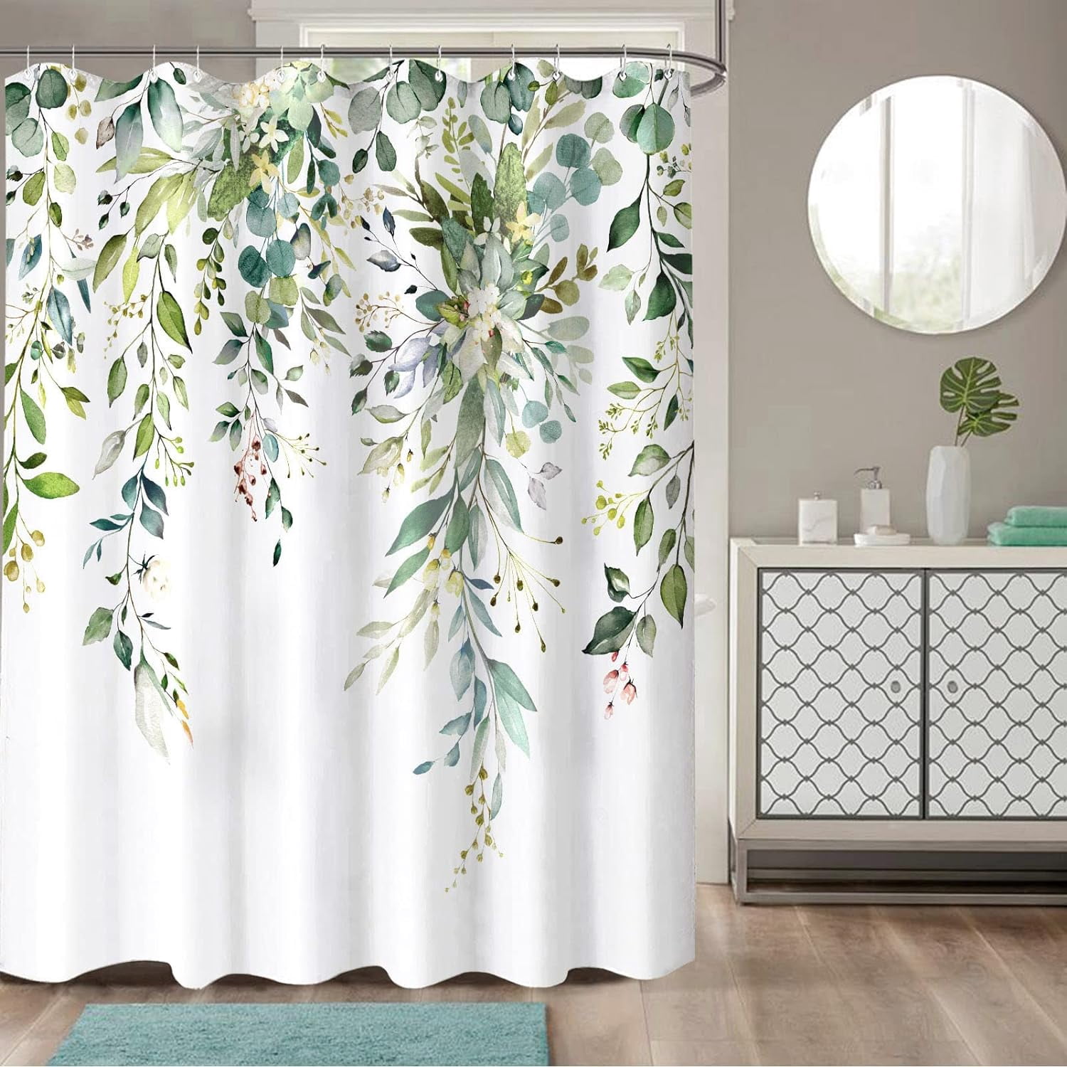 84 Inch Extra Long Green Eucalyptus Shower Curtain Watercolor Floral Plant Leaf Shower Curtains for Bathroom Botanical Flower Waterproof Fabric Bath Curtain with Hooks (Green, 72'''' x 84'''')