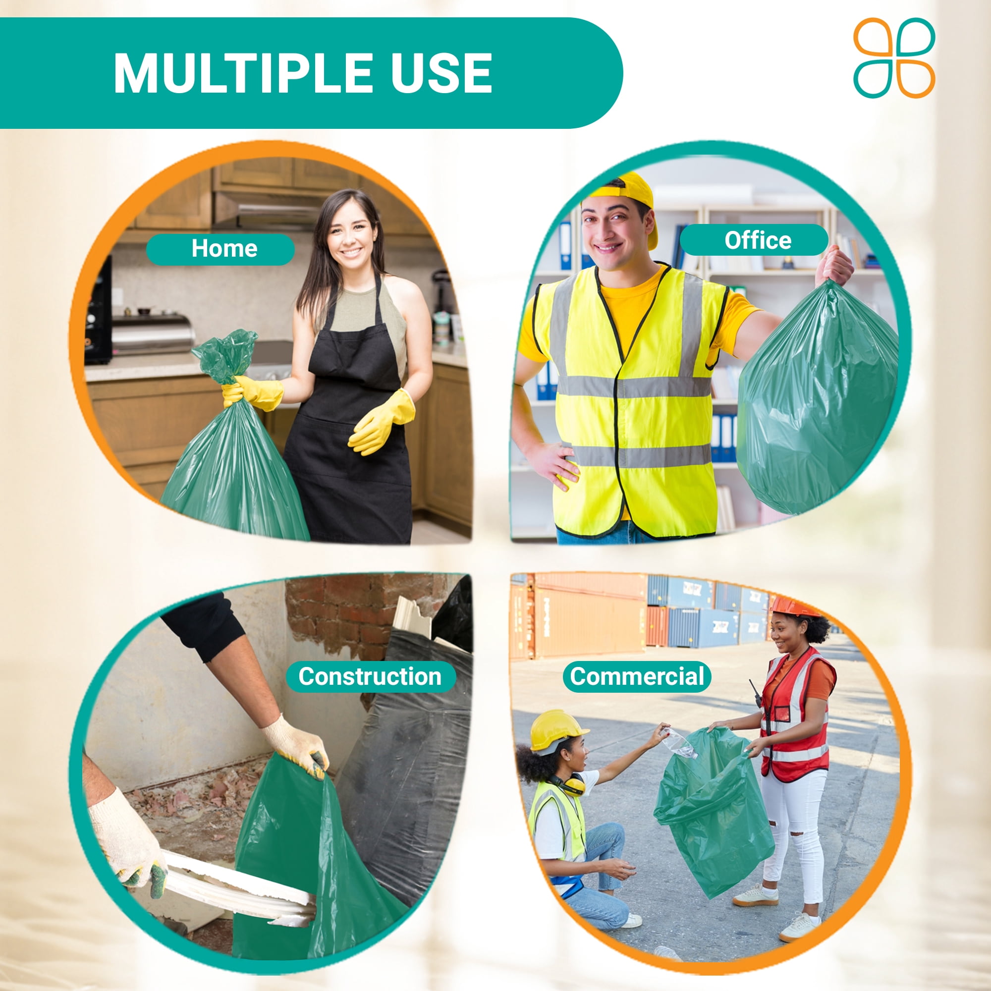 PlasticMill 12-16 Gallon, Green, 1 MIL, 24x31, 250/Case, Garbage Bags/ Trash Can Liners.