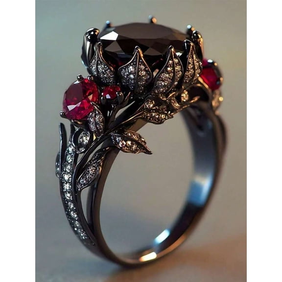 Black Ring With Red Zirconia And Pavé Accents