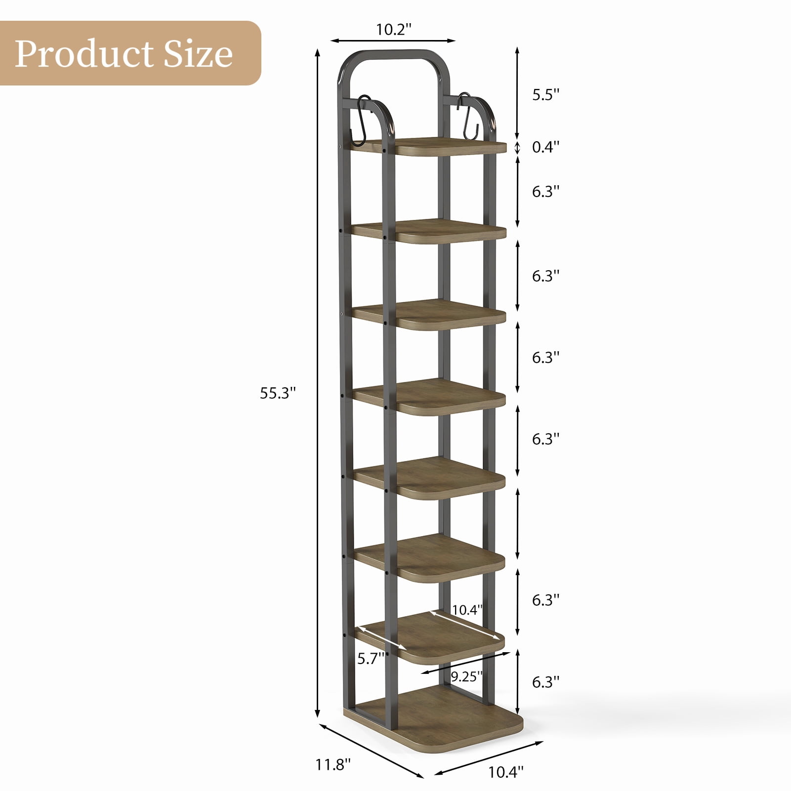 8 Tier Vertical Shoe Rack, Narrow Shoe Storage Organizer with Adjustable Shelves and 2 Hooks, for Small Spaces Entryway Living Room Bedroom