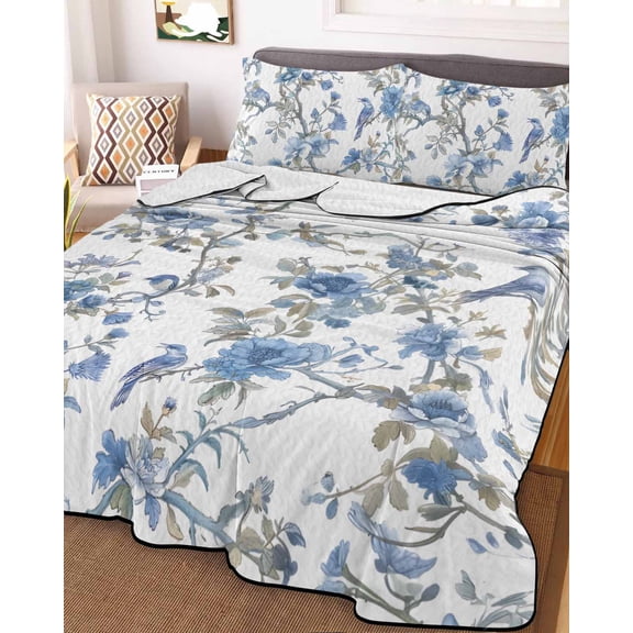Blue Floral Birds Twin Size Down Alternative Comforter, Lightweight Comforter Quilt Bedding Set with Pillow Shams Farmhouse Flowers Pastoral All Seasons Bed Comforter Duvet Insert 68"x86"