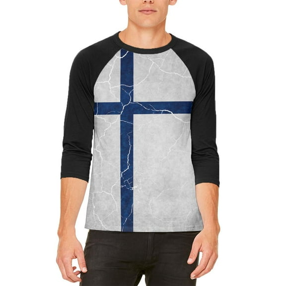 Distressed Finland Flag Mens Raglan T Shirt White-Black X-LG