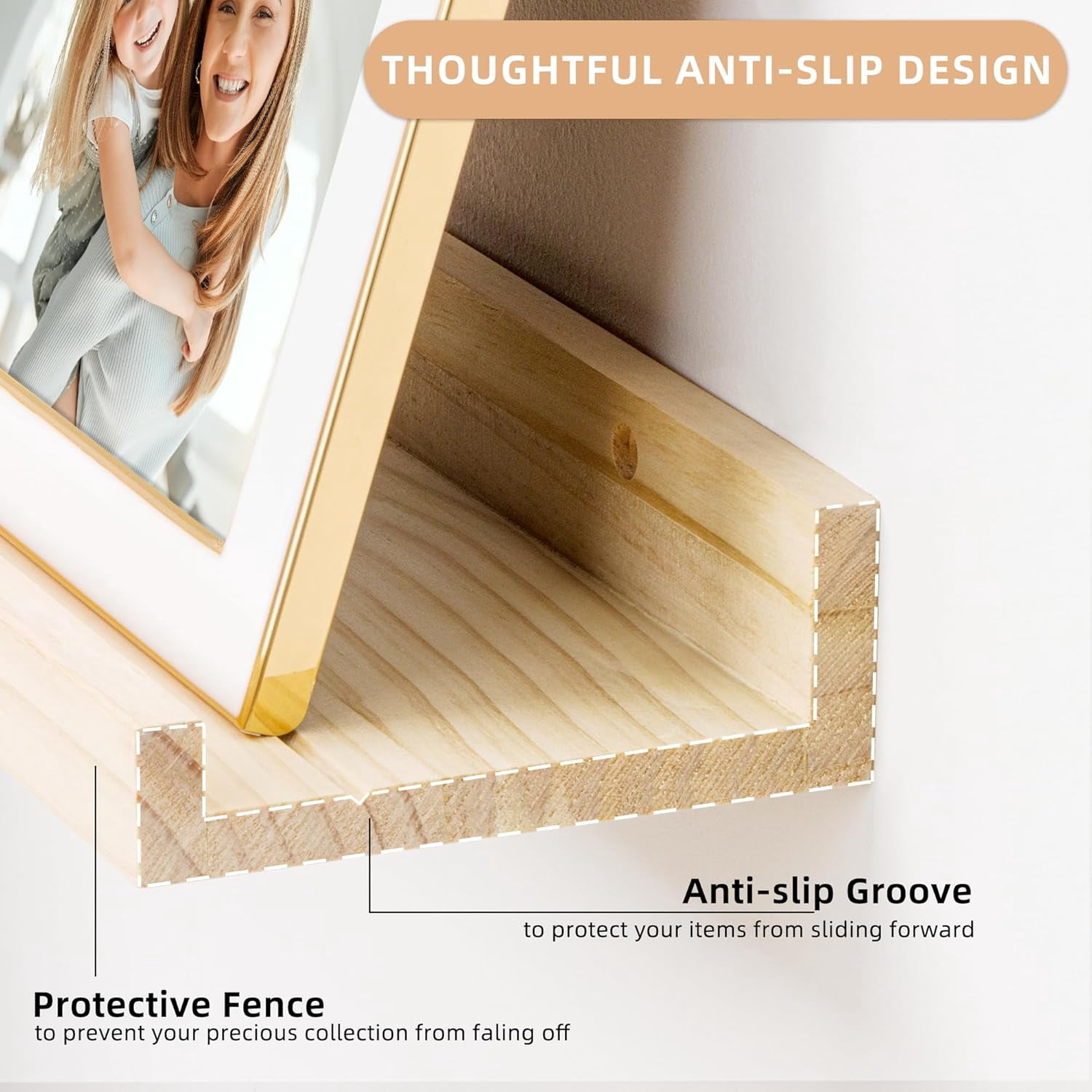 Long Floating Shelves for Wall, 48 inch Solid Wood Picture Ledge Shelf, Picture Shelf for Wall with Ledge, Floating Book Shelves for living room Bedroom Nursery Decor, Natural Unfinished, Set of 2