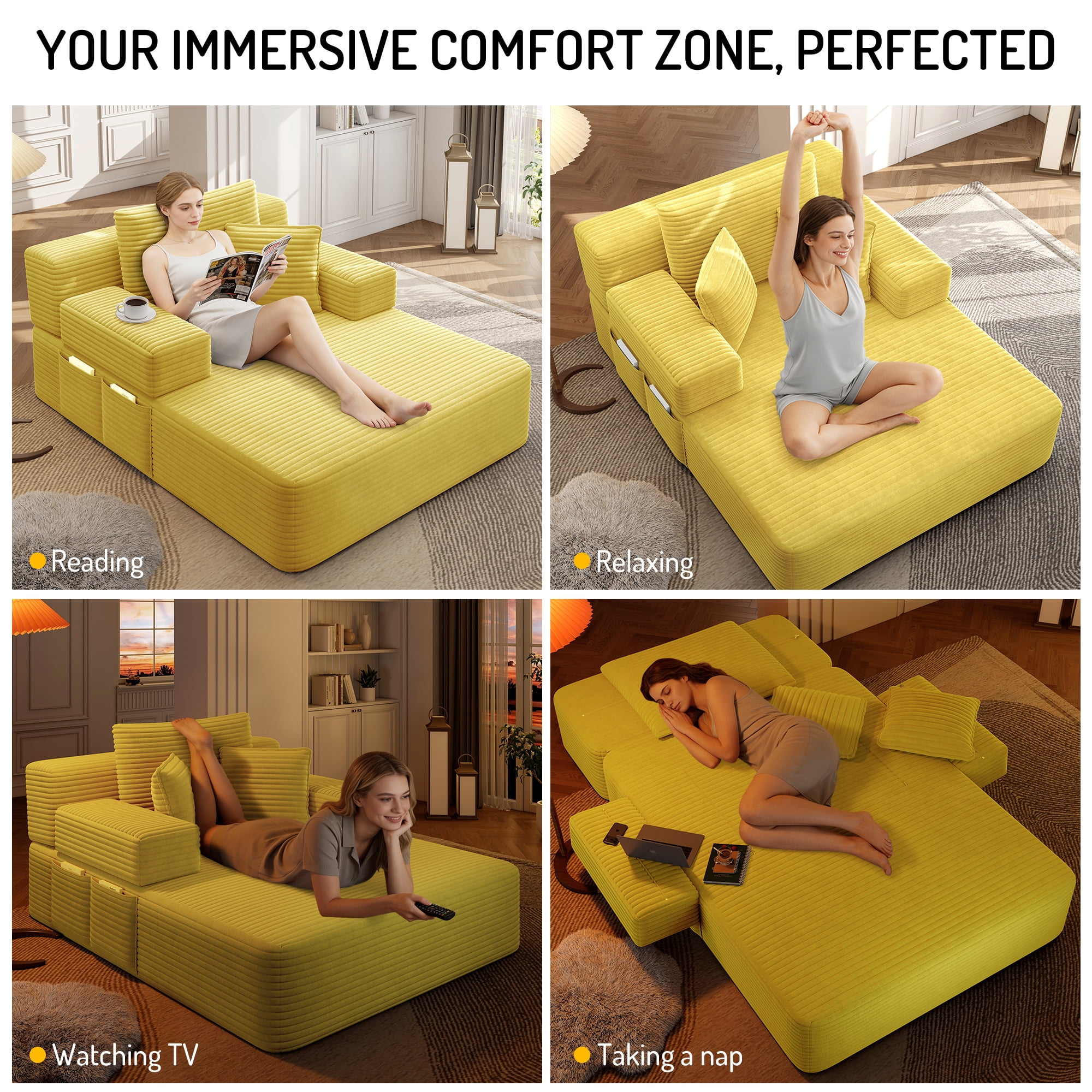 Anpport 60.2" Plush Corduroy Chaise Lounge, Frameless Convertible Sleeper Sofa Bed with Storage Pockets, 3 Soft Pillows, No Assembly, Yellow