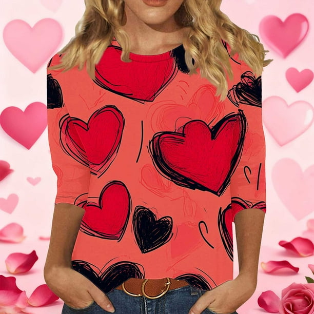 RKSTN Valentines 3/4 Sleeve Tops for Women Oversized Crewneck Valentine's Day Graphic Printed Short Sleeve T Shirt Womens Casual Round Neck Loose Comfy Loves Heart Print Three Quarter Sleeve Shirts