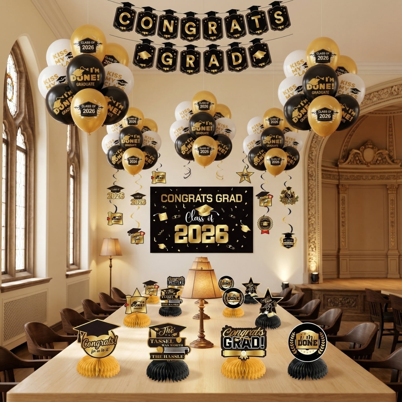 Graduation Party Decorations Set - Congrats Grad Black Gold 2026 Decor with Banners, Hanging Swirls, Backdrop, Honeycomb Decor, Balloons for High School College Grad Party