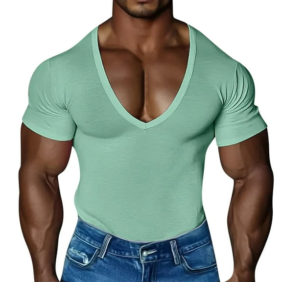 USNSM Deep V Neck Undershirt Men Low Cut Vneck T Shirts for Man Slim Fit Tshirt Short Sleeve Tee Green S