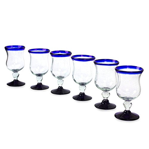 Novica Artisan Crafted Clear Blue Rim Hand Blown Recycled Glass Wine Glasses 7 Oz Spring Set