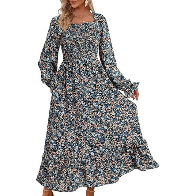 Robes d'Automne pour Femmes 2024 Robes Florales d'Automne Robes à Manches Longues Col Carré Taille Élastique Robe Maxi à Étages