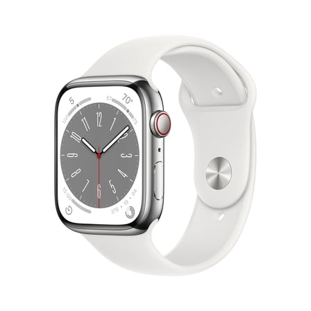 Restored Apple Watch Series 8 41mm GPS   Cellular Stainless Steel Silver   White Sport Band 32GB (Refurbished)